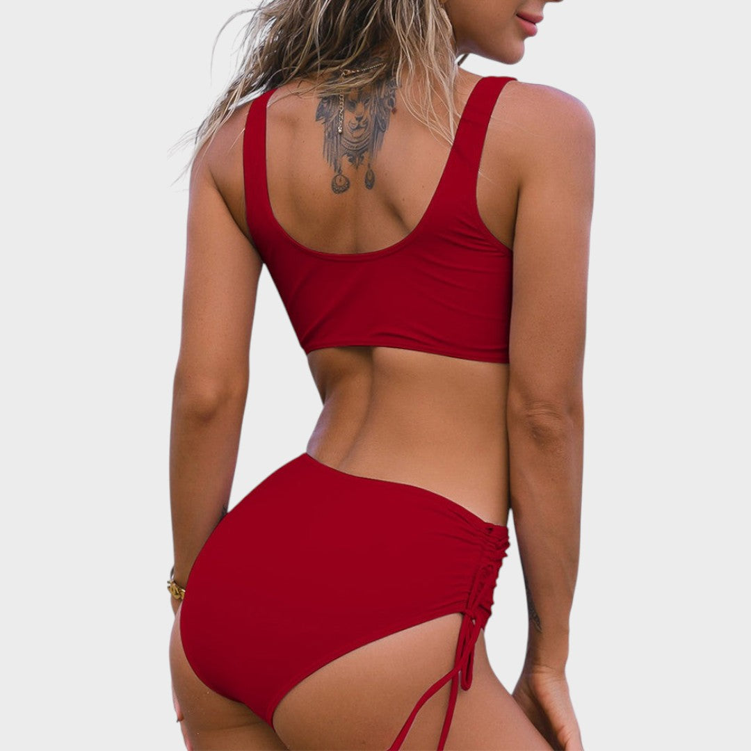 María | Conjunto de Biquíni Liso com Calcinha de Cintura Alta e Top Cruzado