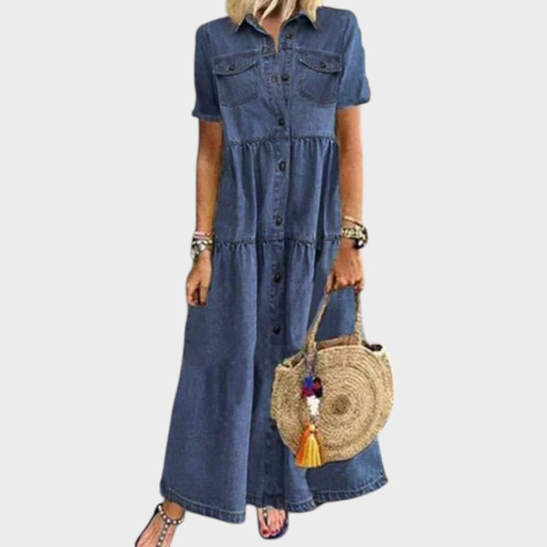 Ainsley | Vestido Jeans Longo com Botões na Frente e Bolsos
