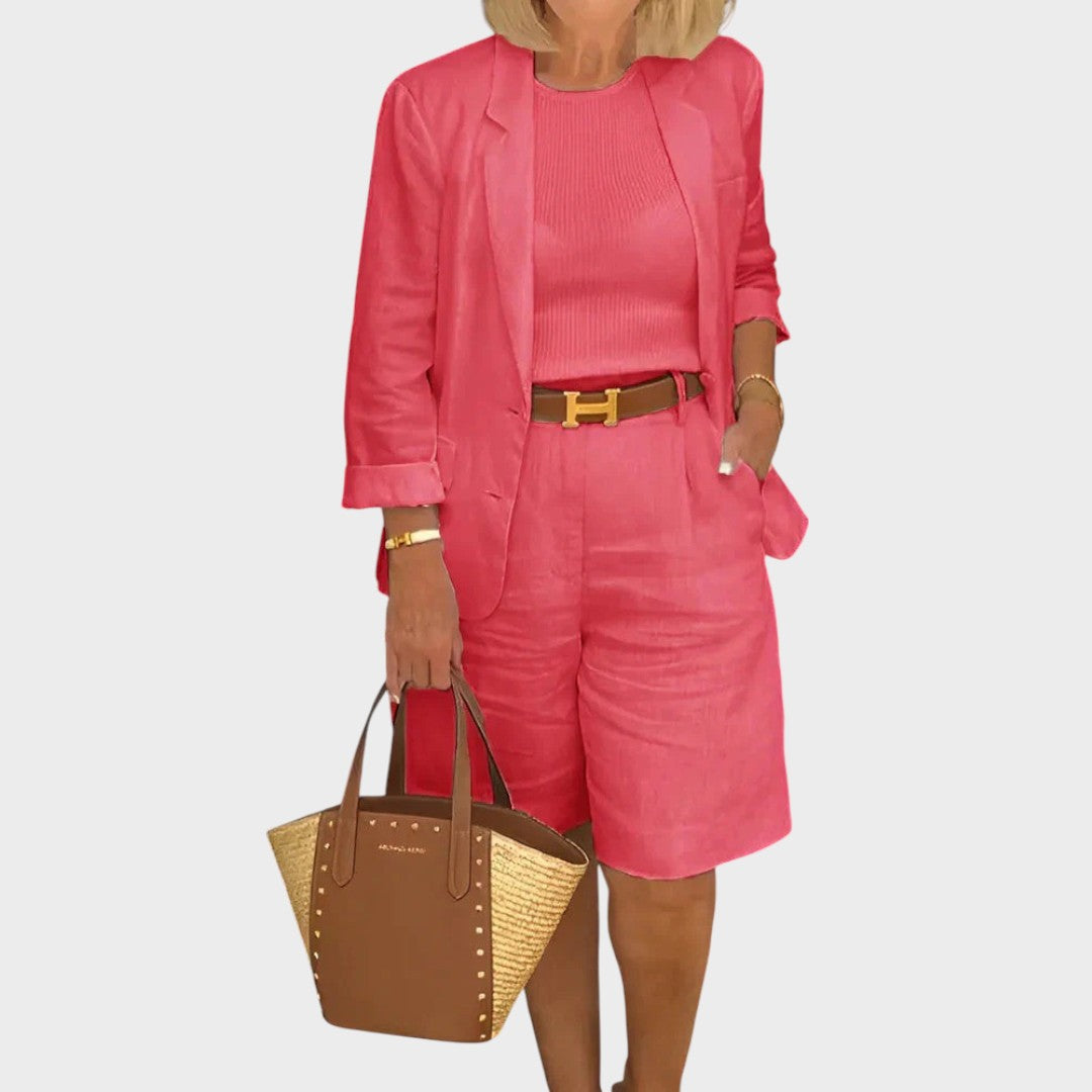 Riley | Conjunto de Linho com Blazer de Manga 3/4 e Short de Cintura Alta