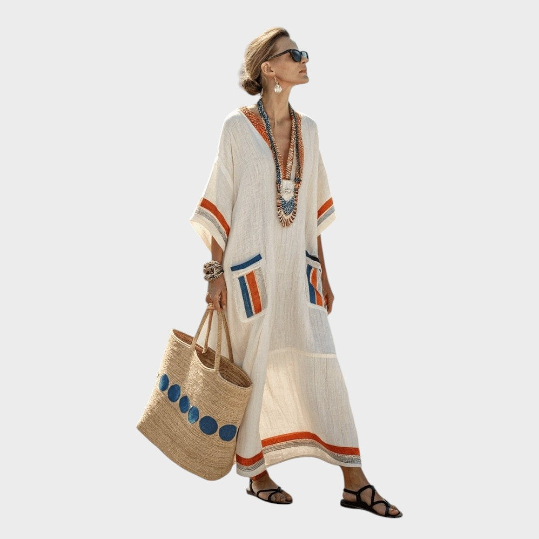 Jina | Vestido Fluido de Algodão e Linho com Bolsos e Detalhes Coloridos