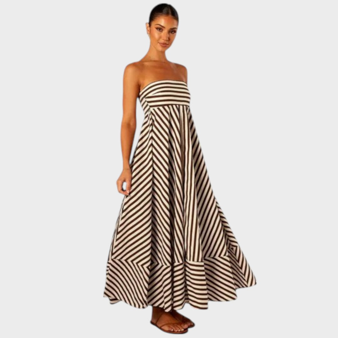 Mira | Vestido Maxi Tomara que Caia com Listras Diagonais e Babados nas Costas