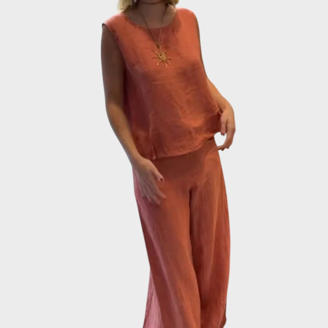Luzia | Conjunto Boho de Duas Peças em Tons Terrosos com Bolsos e Cinto Opcional