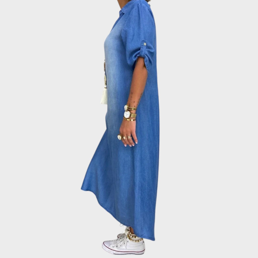 Lea | Vestido Longo Efeito Jeans com Fenda Lateral