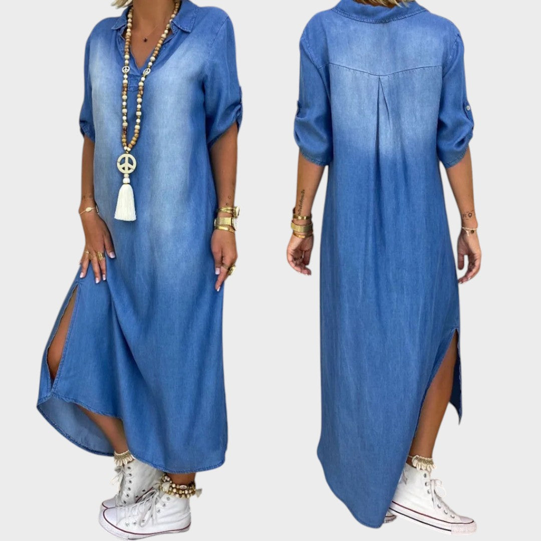 Lea | Vestido Longo Efeito Jeans com Fenda Lateral