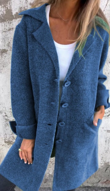 Baylea - Casaco Longo Casual de Lã com Lapela e Abotoamento Simples
