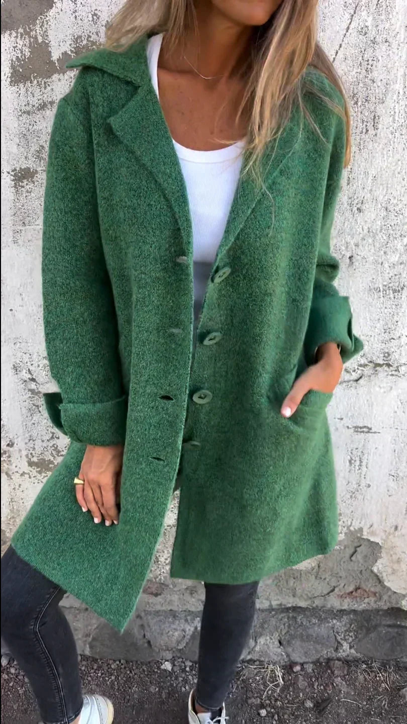 Baylea - Casaco Longo Casual de Lã com Lapela e Abotoamento Simples