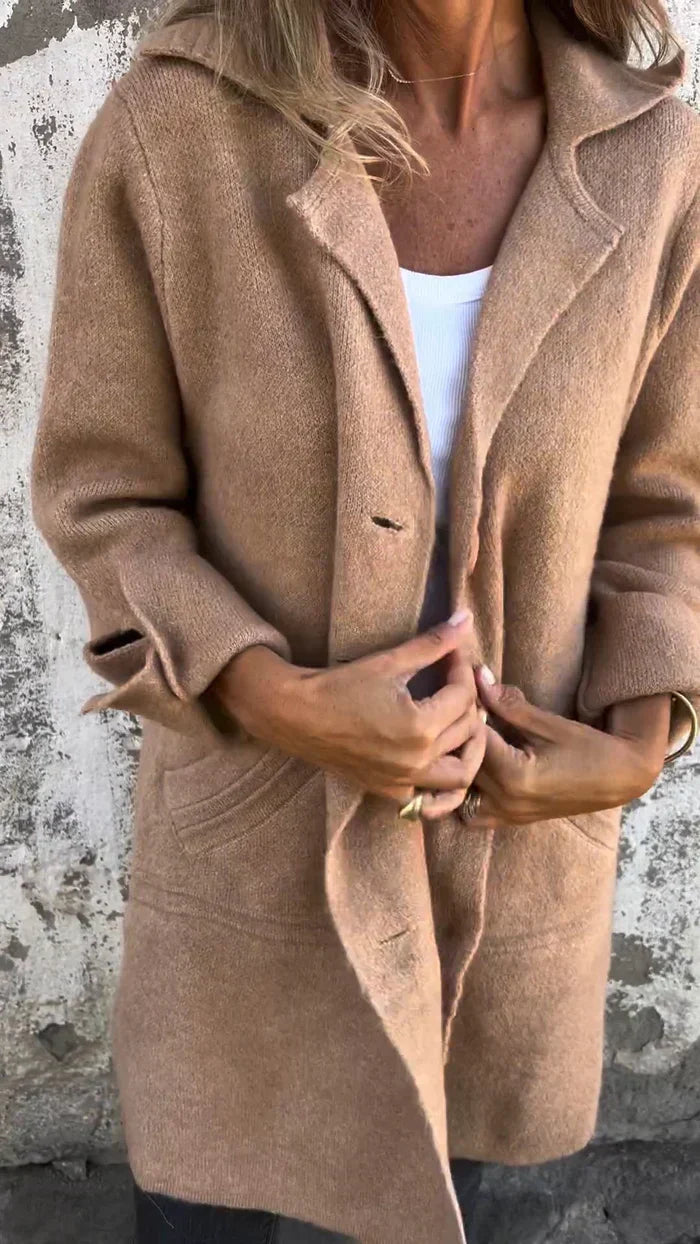 Baylea - Casaco Longo Casual de Lã com Lapela e Abotoamento Simples