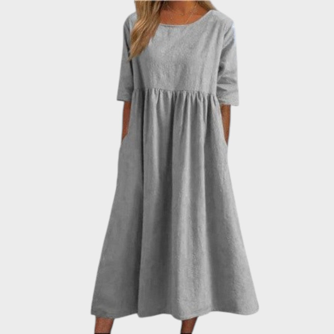 Lucia | Vestido de Algodão com Gola Redonda e Detalhe na Cintura