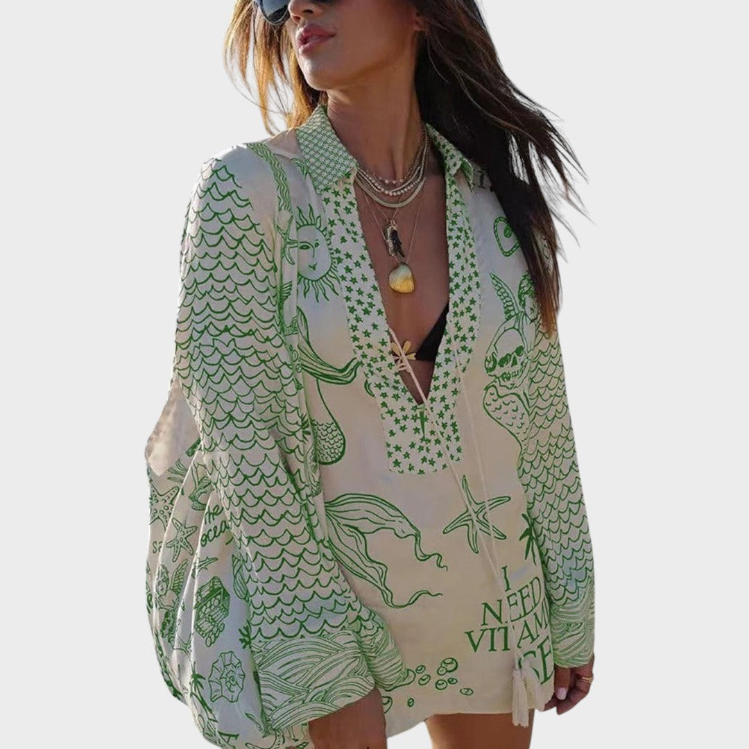 Arial | Conjunto de Camisa Listrada e Shorts com Decote em V para Dias de Praia