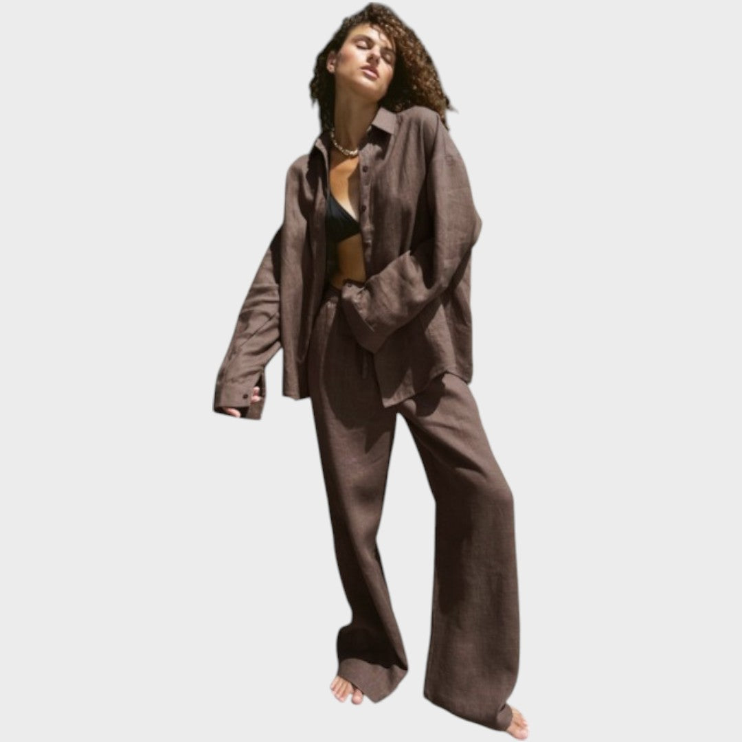 Luna | Conjunto de 3 Peças em Algodão com Camisa Listrada, Cropped e Calça Pantalona