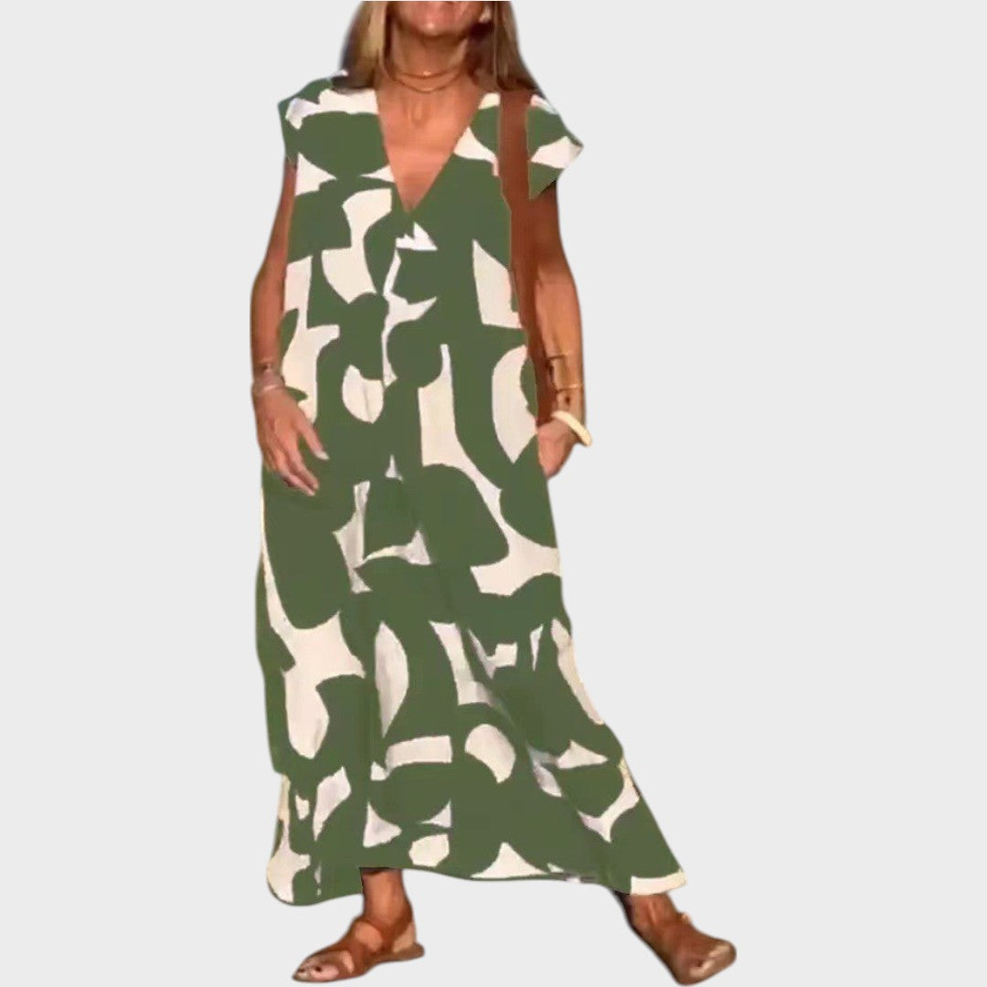 Mebelle | Vestido Midi com Decote em V e Estampa Gráfica em Preto e Branco