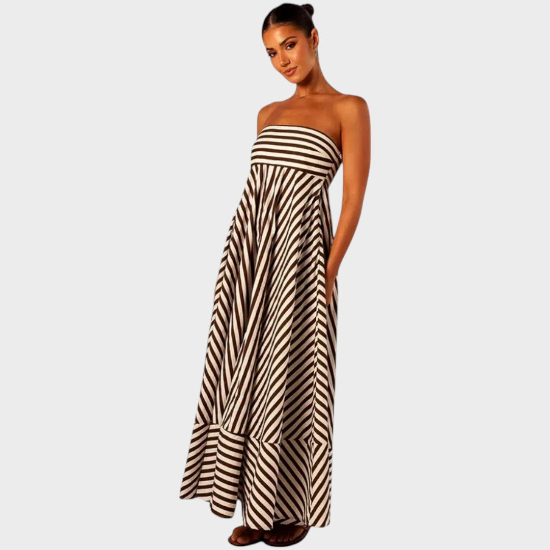 Mira | Vestido Maxi Tomara que Caia com Listras Diagonais e Babados nas Costas