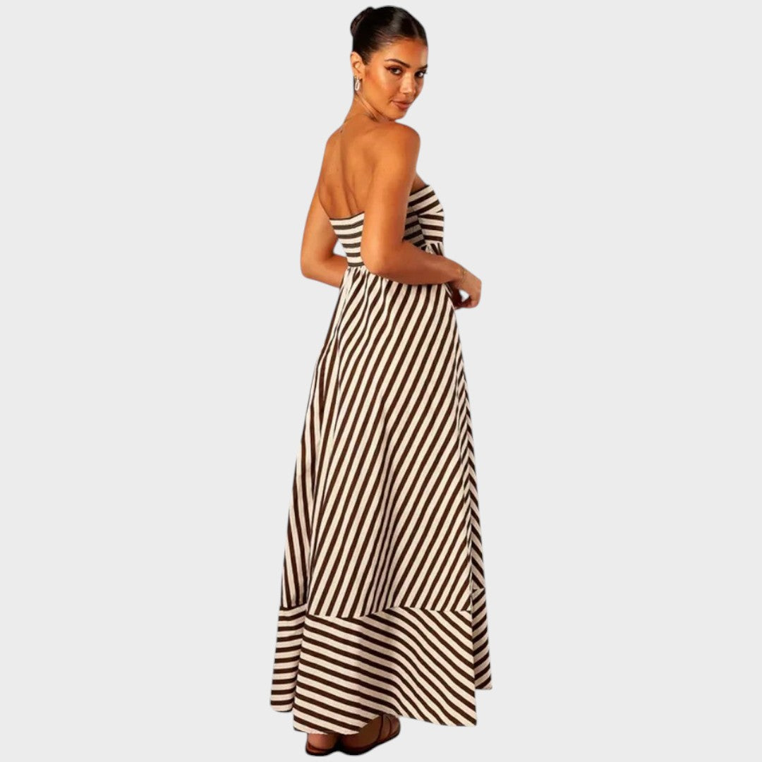 Mira | Vestido Maxi Tomara que Caia com Listras Diagonais e Babados nas Costas