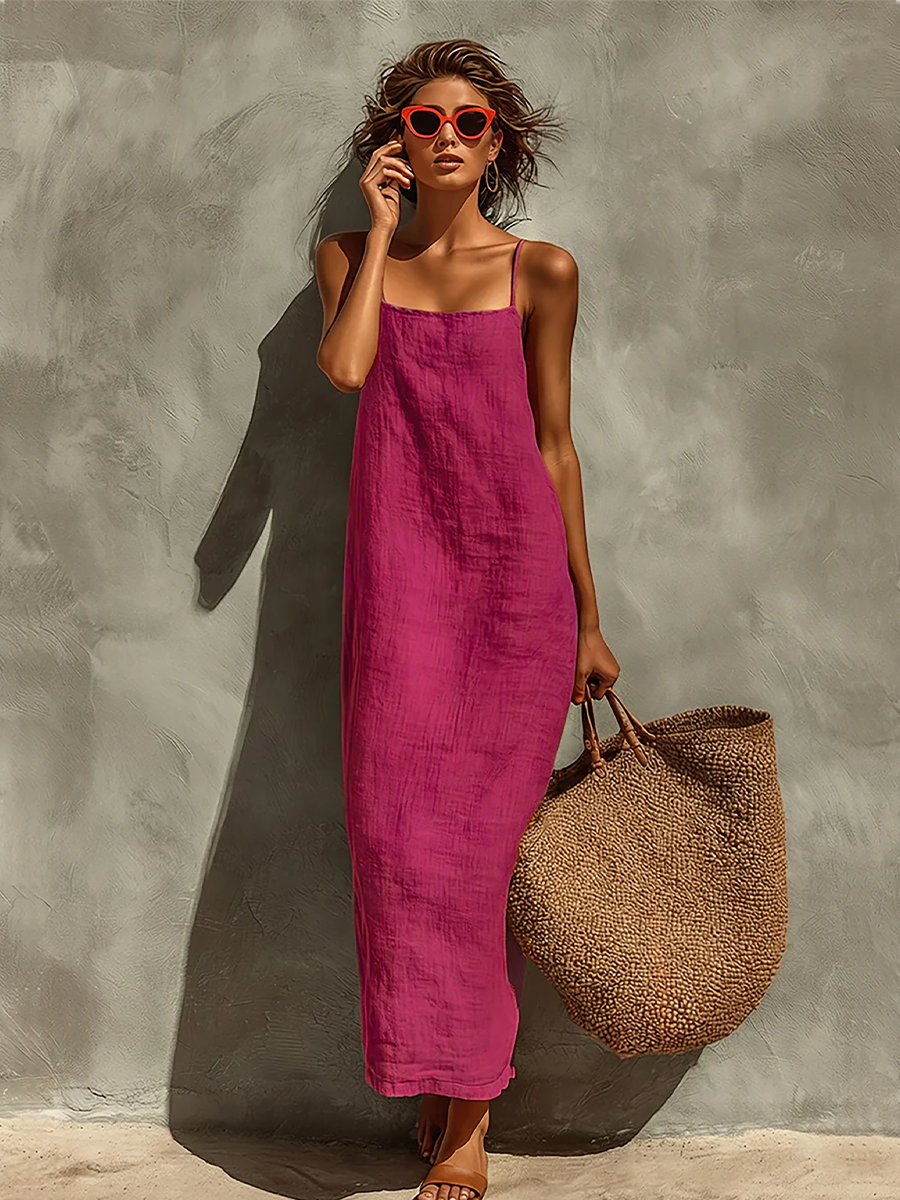 Vestido de Algodão com Alças Finas e Decote Quadrado, Estilo Boho-Resort Atemporal