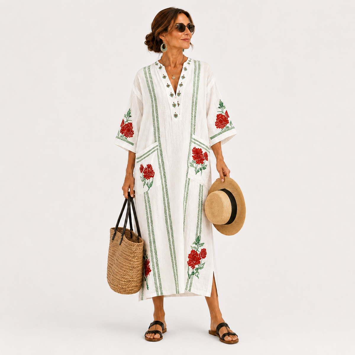 Caftan Elena Branco com Rosas