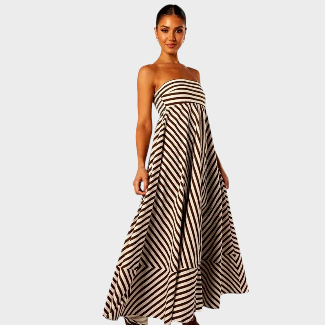 Mira | Vestido Maxi Tomara que Caia com Listras Diagonais e Babados nas Costas