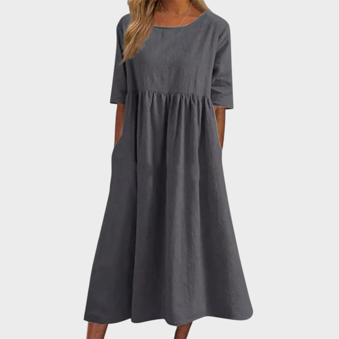 Lucia | Vestido de Algodão com Gola Redonda e Detalhe na Cintura