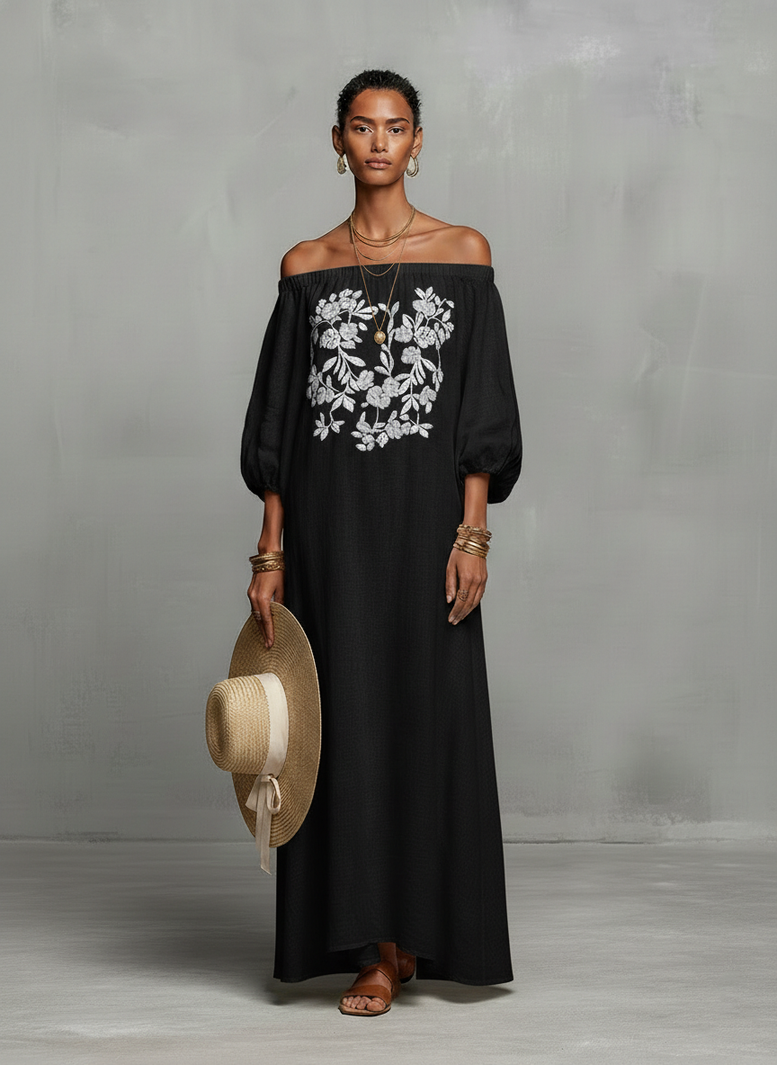 Constanza | Vestido Maxi con Hombros Descubiertos y Bordado Delicado