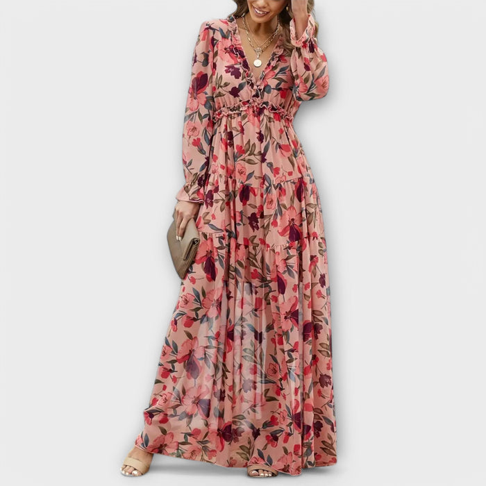 Aldona | Vestido Maxi Floral com Decote V e Tecido Plissado