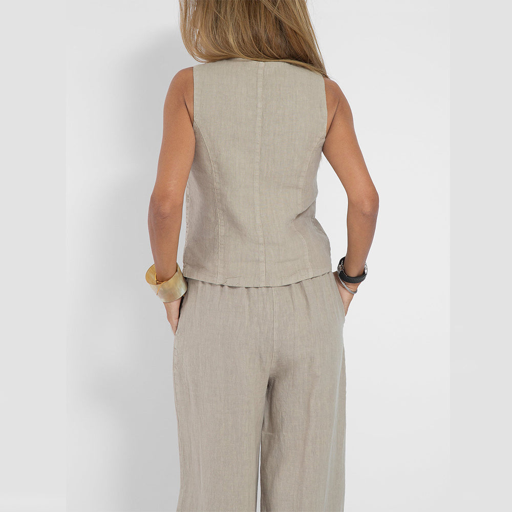 Mary | Conjunto de Casaco e Calça de Linho Natural com Botões de Madeira