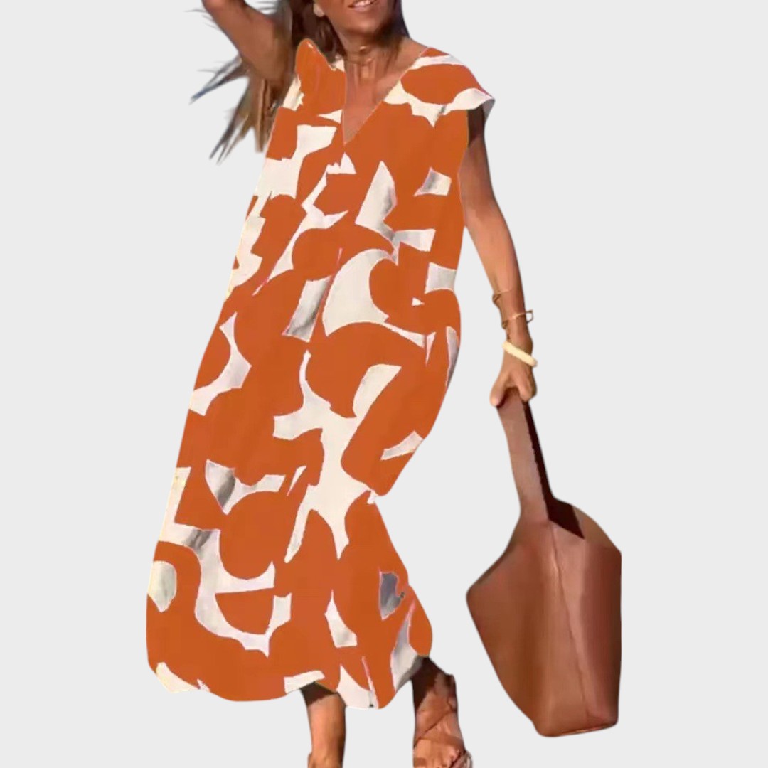 Mebelle | Vestido Midi com Decote em V e Estampa Gráfica em Preto e Branco