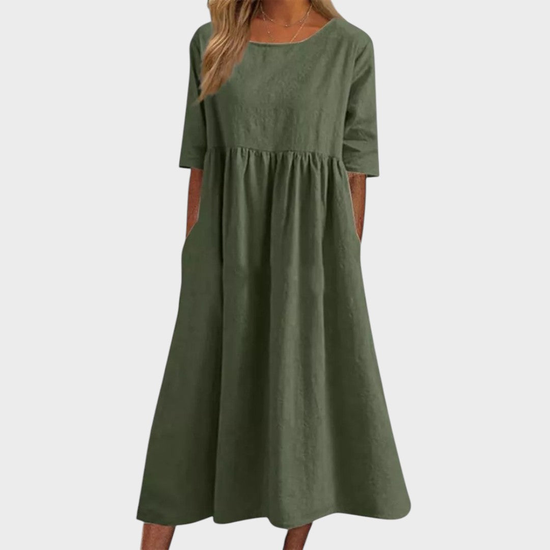 Lucia | Vestido de Algodão com Gola Redonda e Detalhe na Cintura