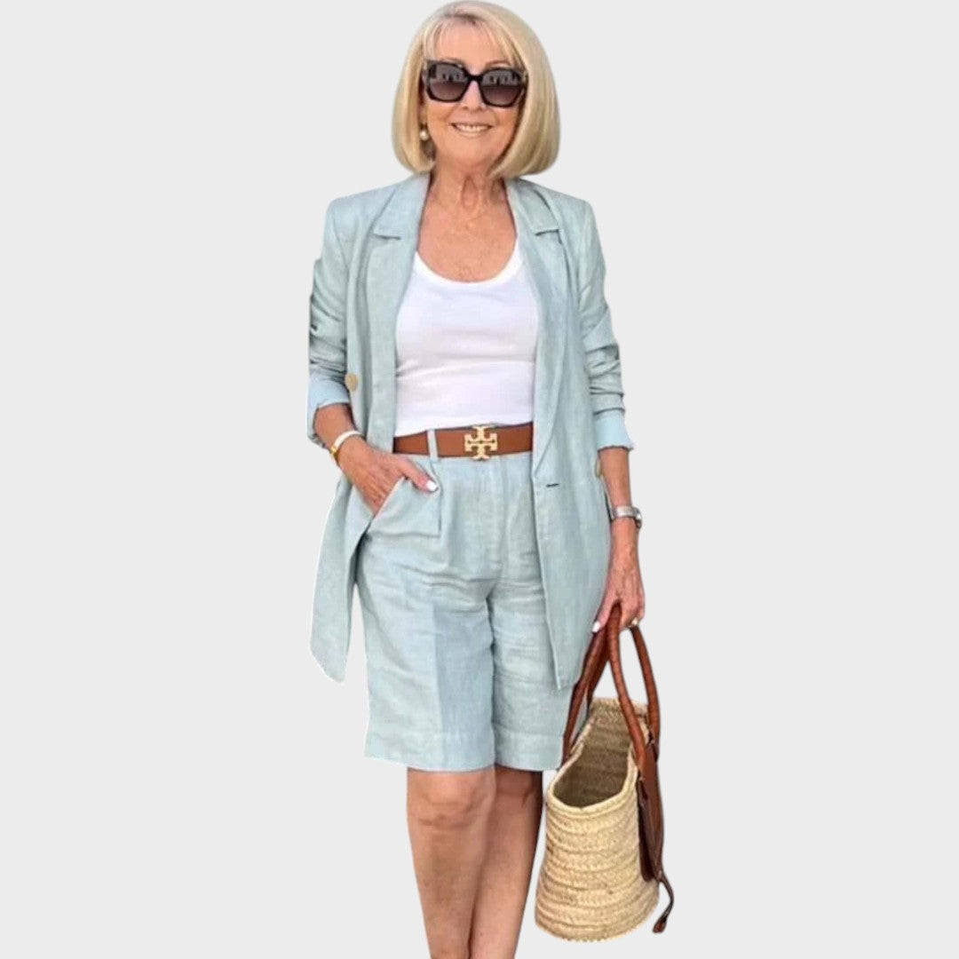 Riley | Conjunto de Linho com Blazer de Manga 3/4 e Short de Cintura Alta