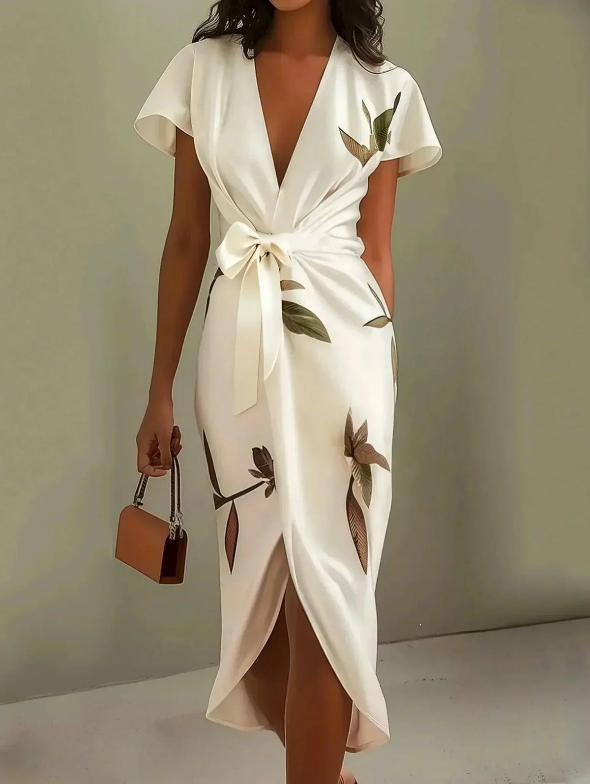 Matilde | Vestido Envelope Elegante com Estampa de Folhas