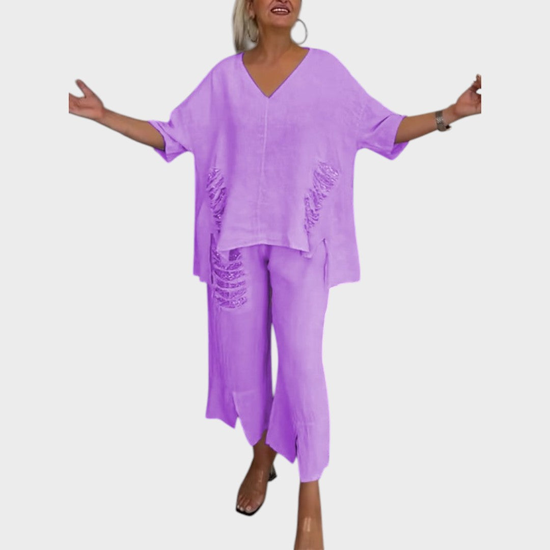Bianca | Conjunto de Duas Peças de Algodão e Linho com Decote V e Calça Ampla
