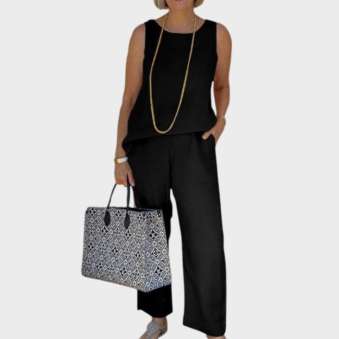 Valéa | Conjunto de Duas Peças de Linho Leve com Calça Fluida e Top sem Mangas