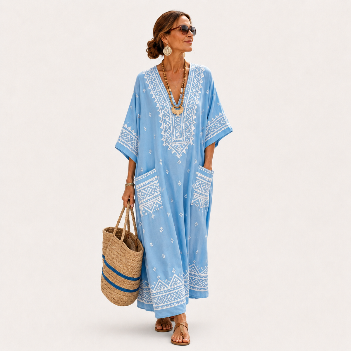 Caftan Lina Azul-Celeste Étnico
