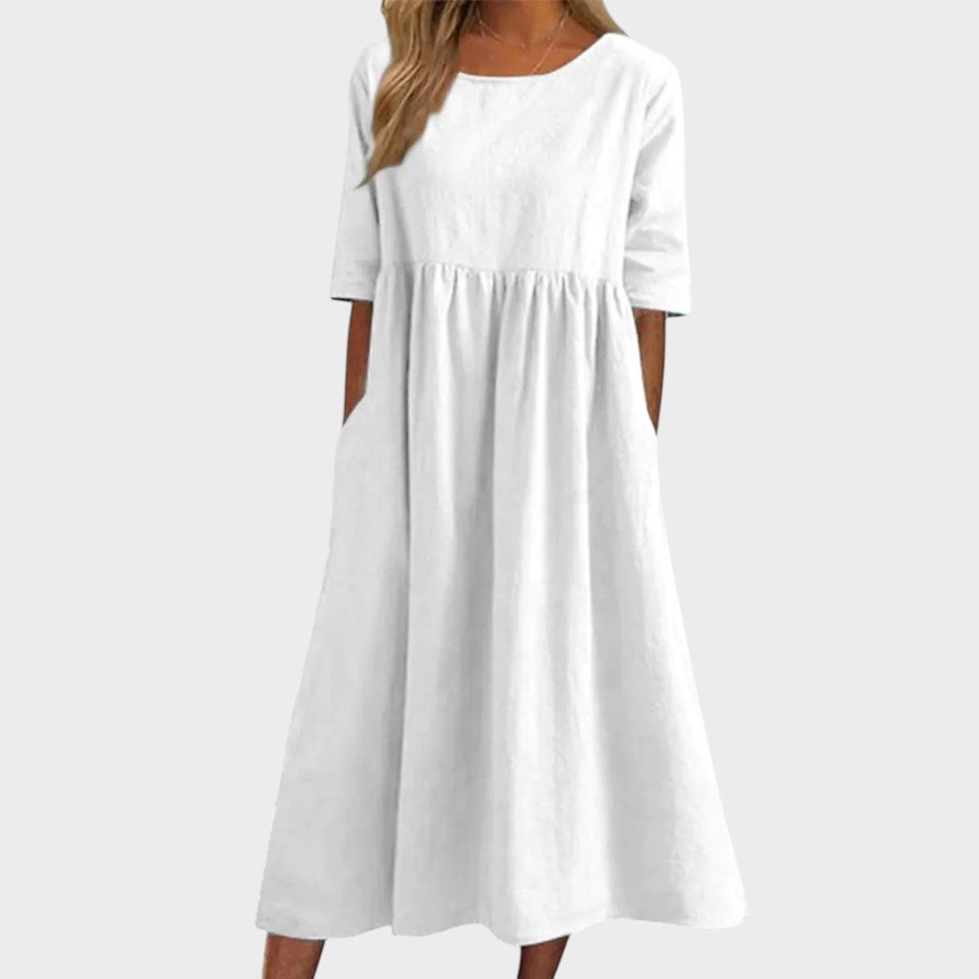Lucia | Vestido de Algodão com Gola Redonda e Detalhe na Cintura