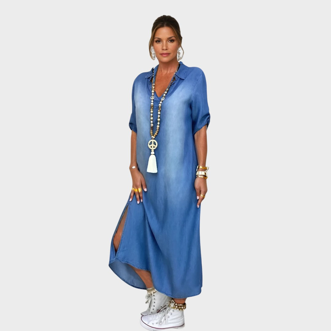 Lea | Vestido Longo Efeito Jeans com Fenda Lateral