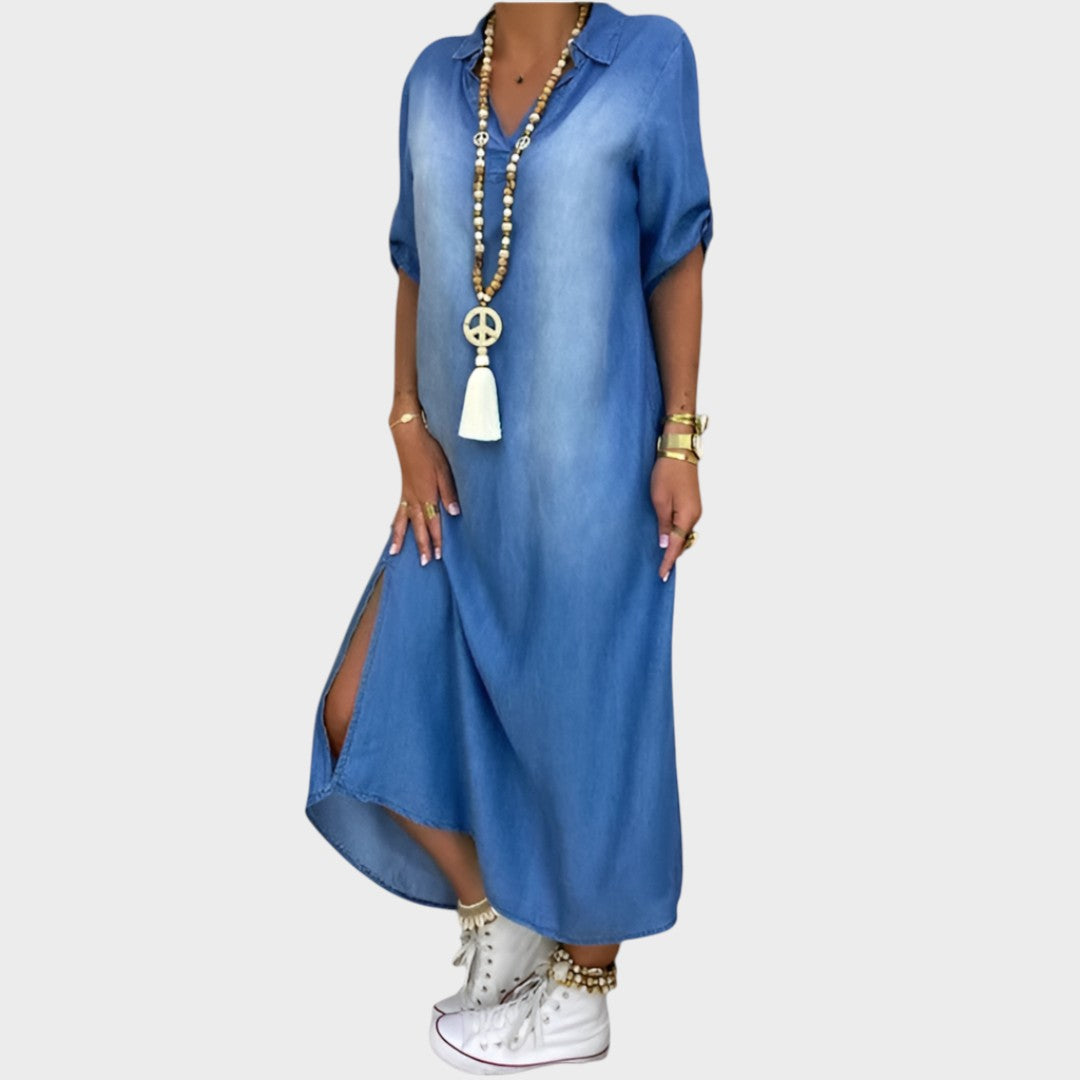 Lea | Vestido Longo Efeito Jeans com Fenda Lateral