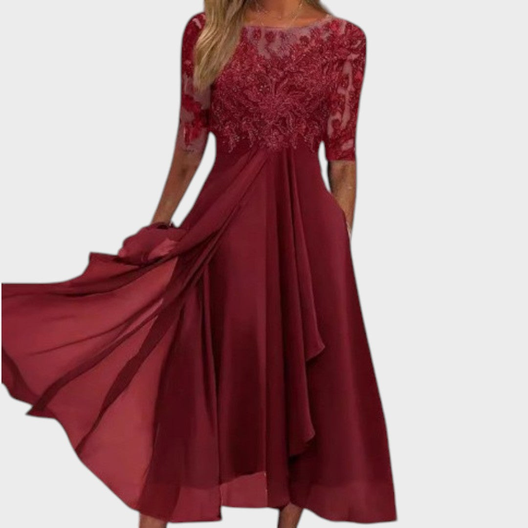 Gabhi | Vestido Midi com Detalhes de Renda, Mangas Transparentes e Saia Evasê