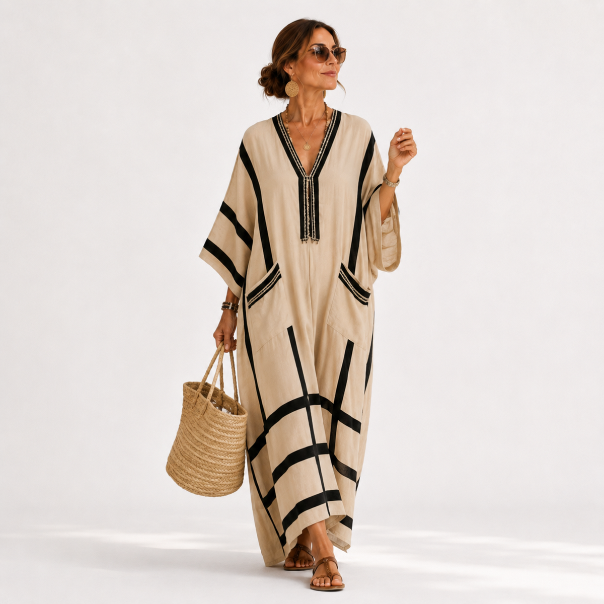 Caftan Salma Bege com Listras Pretas