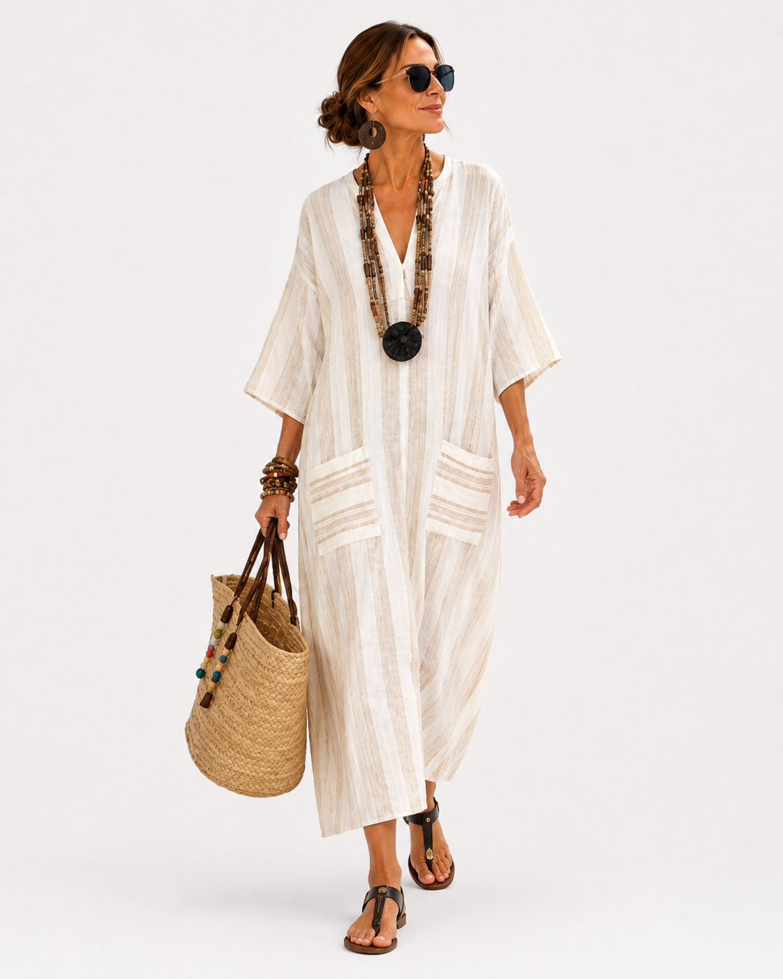 Caftan Aisha Branco Listrado
