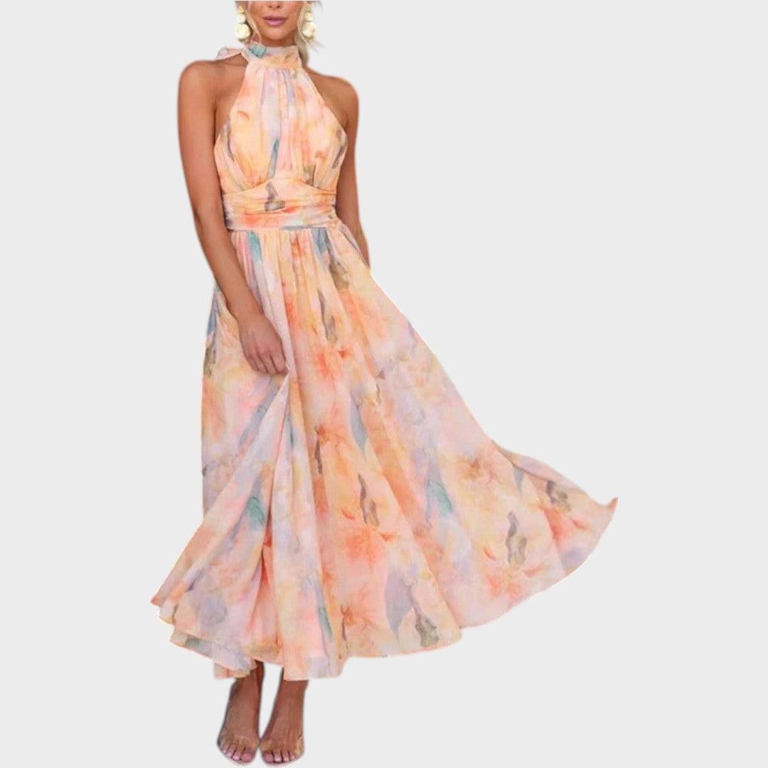 Elsie | Elegante Vestido Frente Única com Costas Abertas e Estampa Aquarela