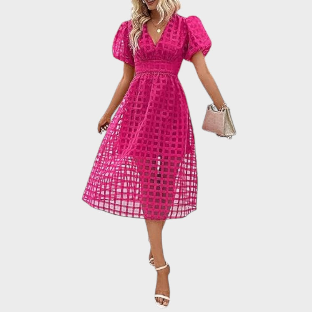 Julia | Vestido Midi Fúcsia com Mangas Sino