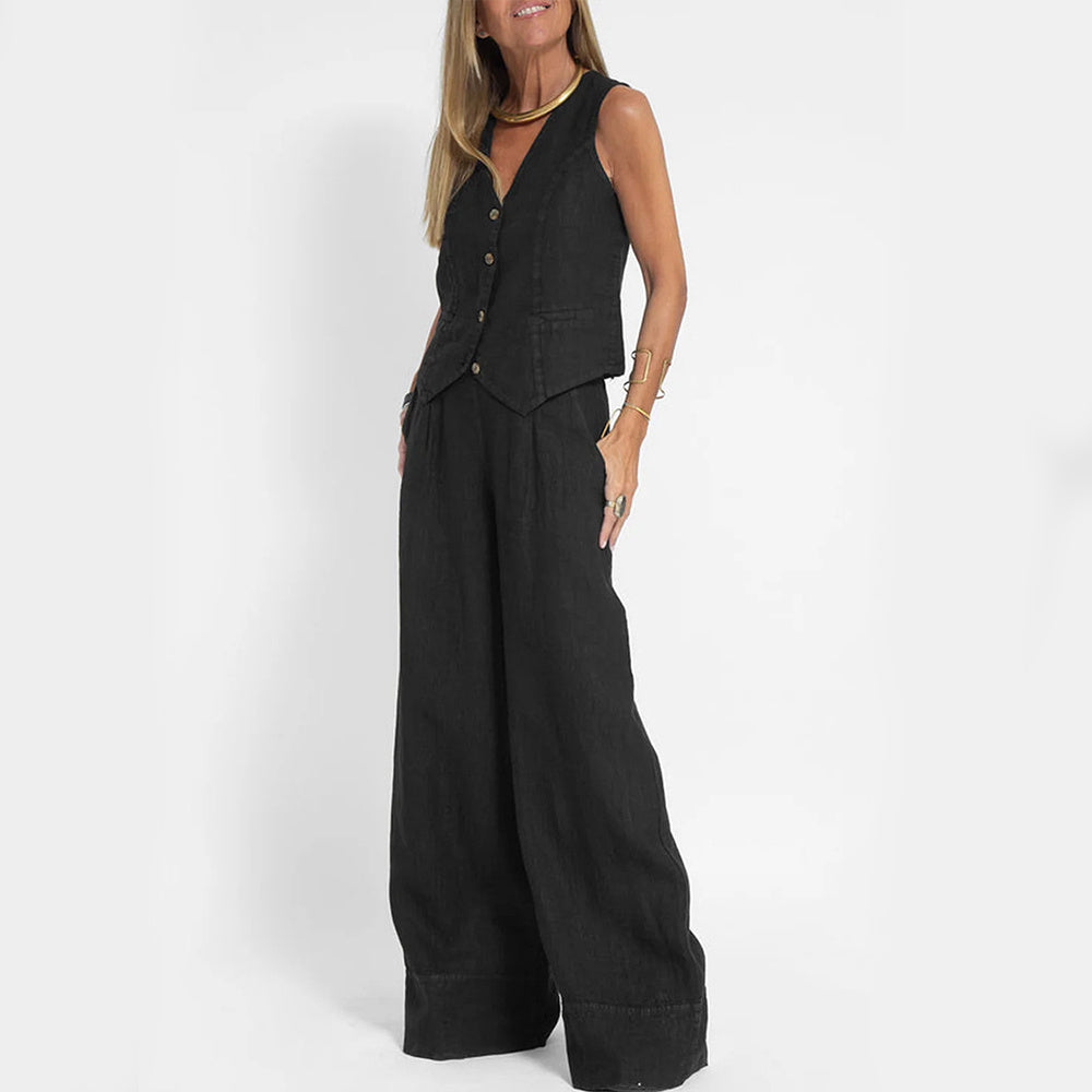 Mary | Conjunto de Casaco e Calça de Linho Natural com Botões de Madeira