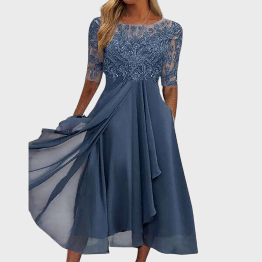 Gabhi | Vestido Midi com Detalhes de Renda, Mangas Transparentes e Saia Evasê