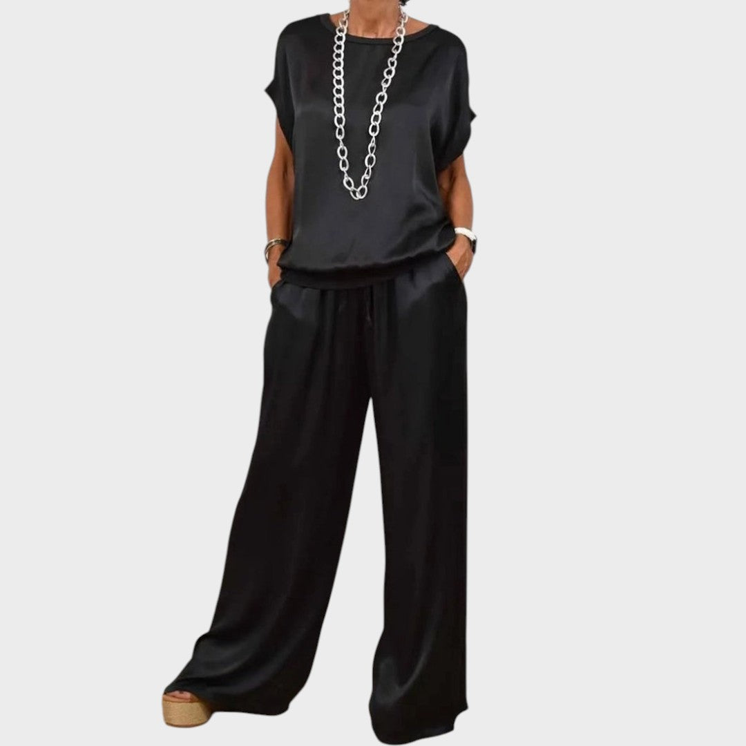 Gracinda | Conjunto de Cetim de Duas Peças com Blusa Fluida e Calça Pantalona