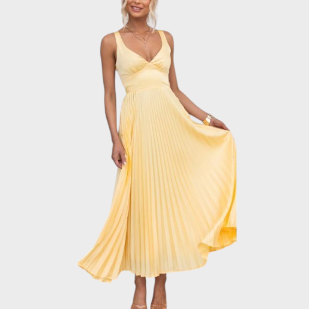 Noa | Vestido Longo Amarelo Plissado com Decote em V e Alças Cruzadas nas Costas