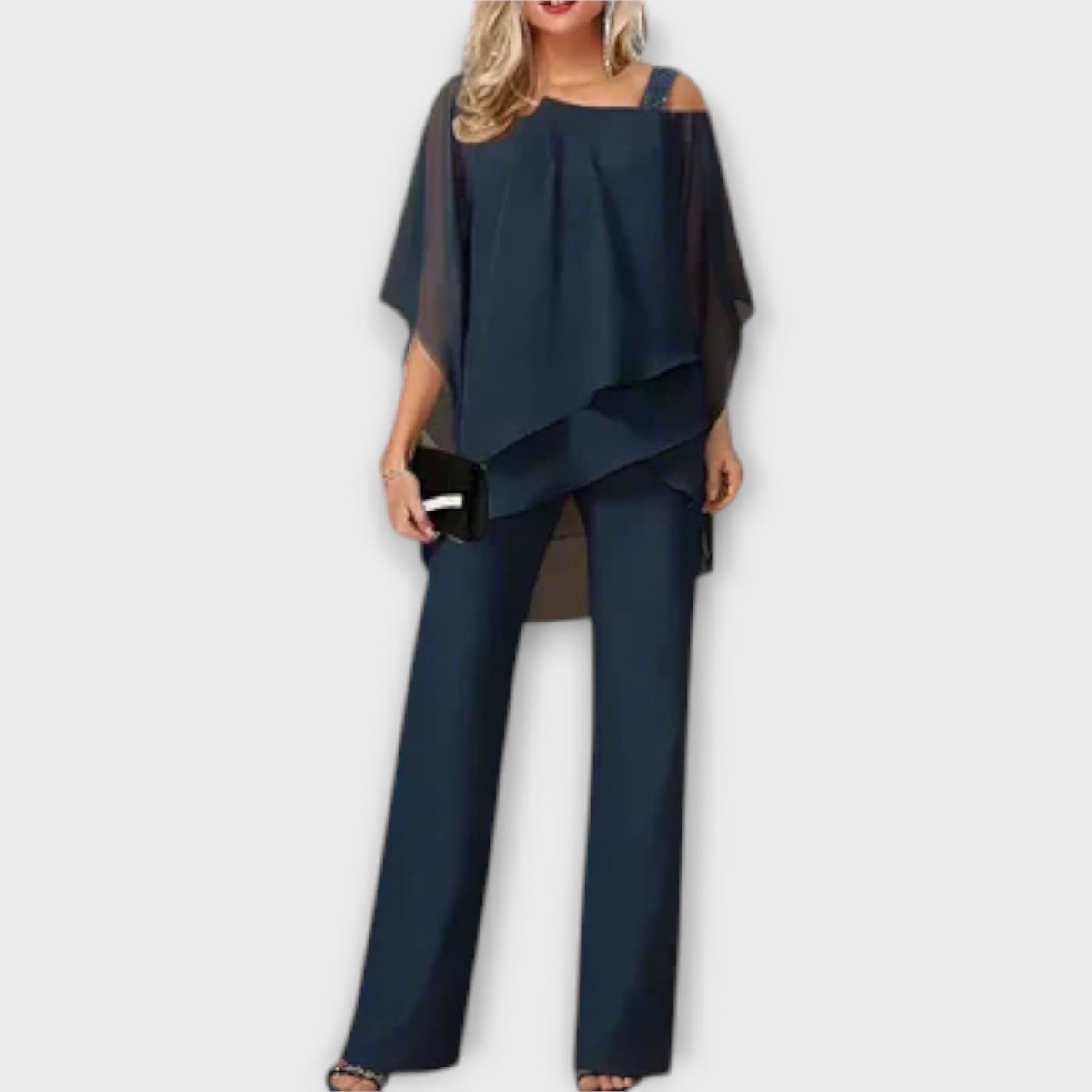Cintía | Conjunto Elegante de Chiffon com Ombros à Mostra e Calça Fluida