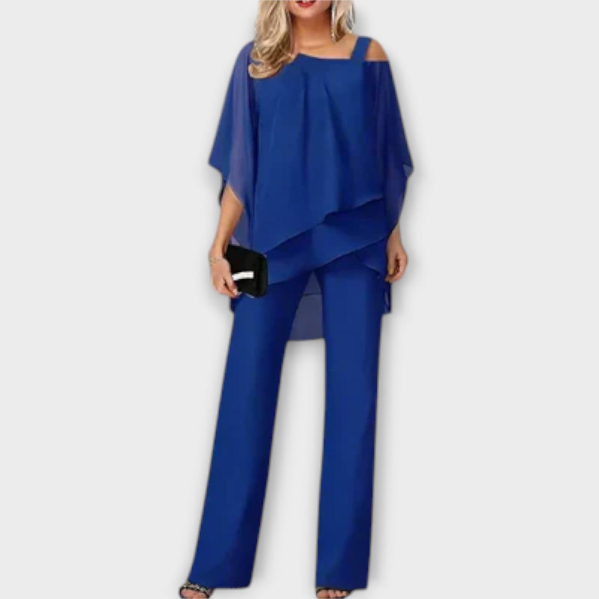 Cintía | Conjunto Elegante de Chiffon com Ombros à Mostra e Calça Fluida