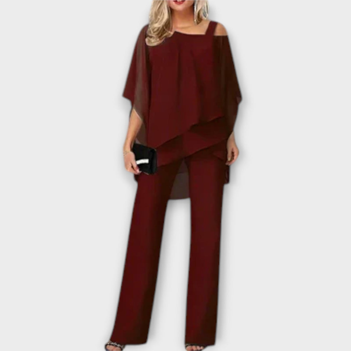 Cintía | Conjunto Elegante de Chiffon com Ombros à Mostra e Calça Fluida