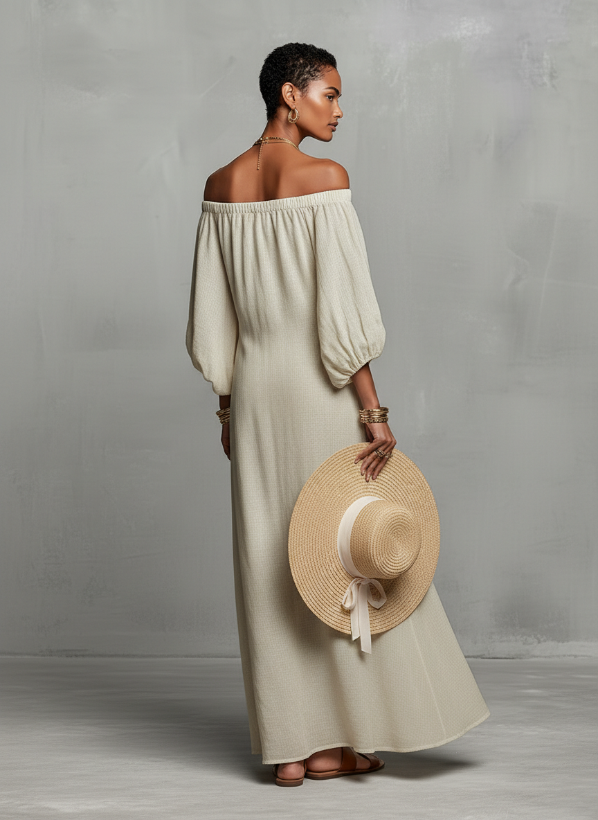 Constanza | Vestido Maxi con Hombros Descubiertos y Bordado Delicado