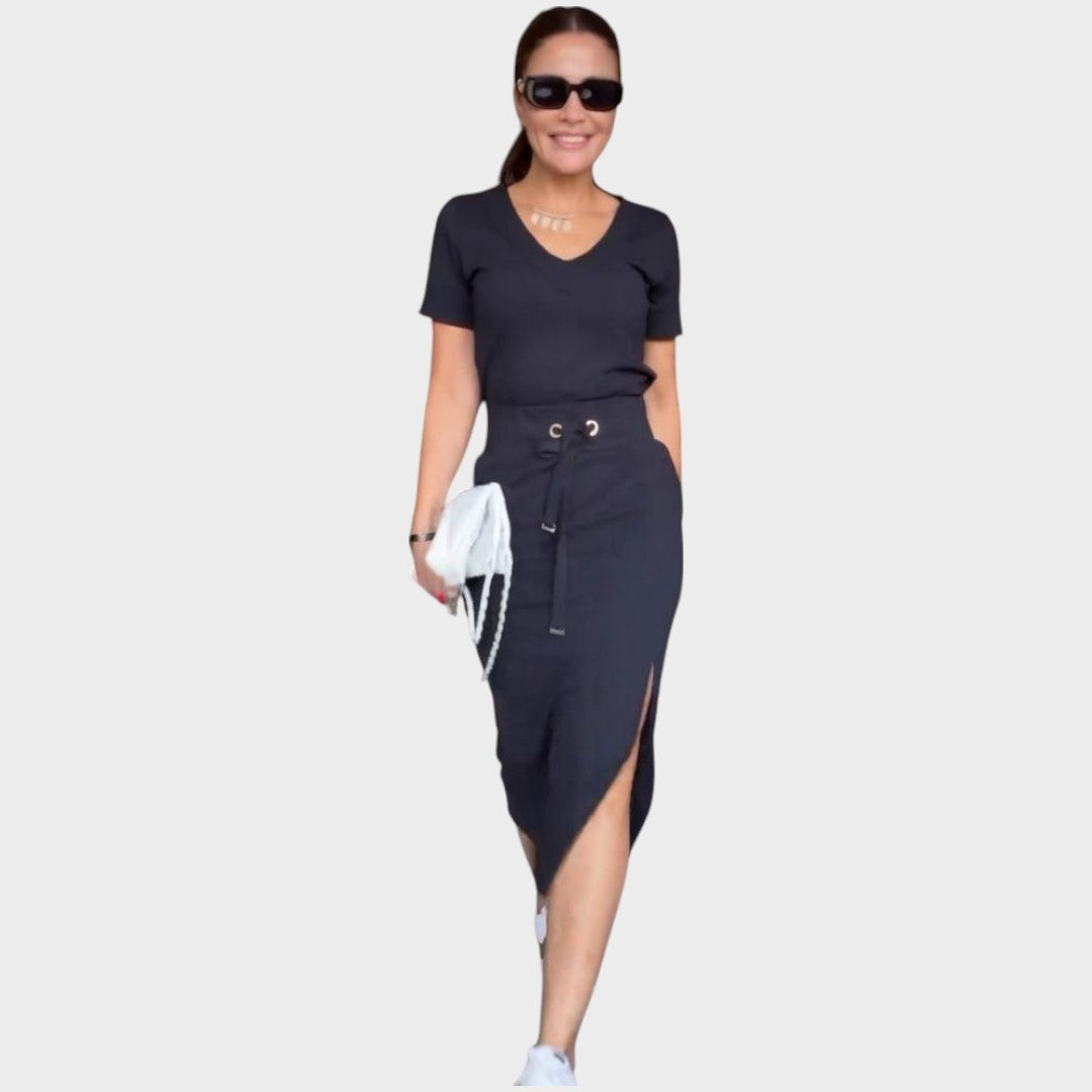 Aria | Conjunto de Top com Decote em V e Saia Midi de Cintura Alta com Cordão