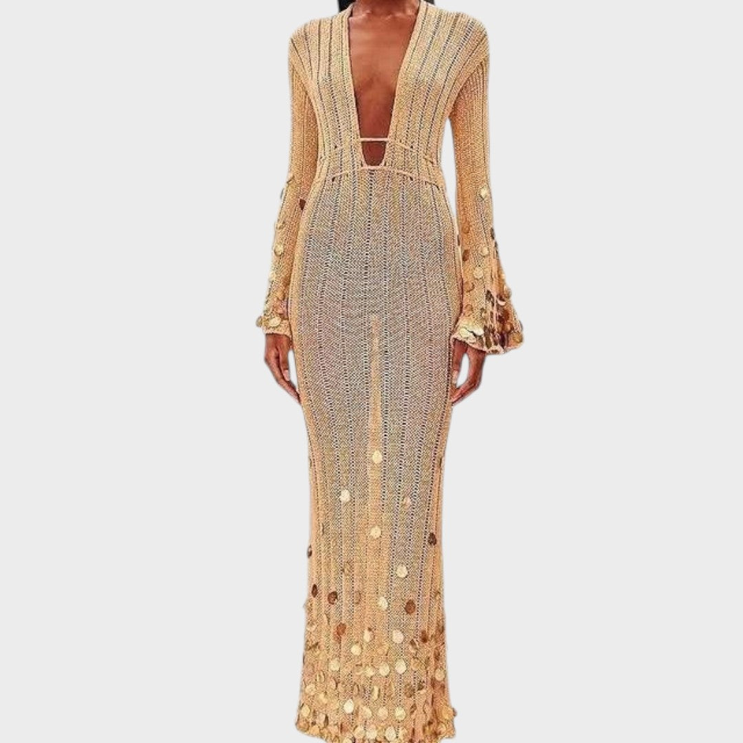 Capri | Vestido Longo Elegante de Crochê com Detalhes Brilhantes