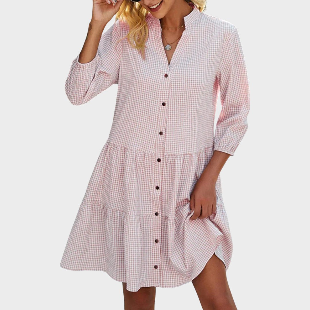 Shanna | Vestido Midi Fluido com Estampa Xadrez Vichy e Botões na Frente